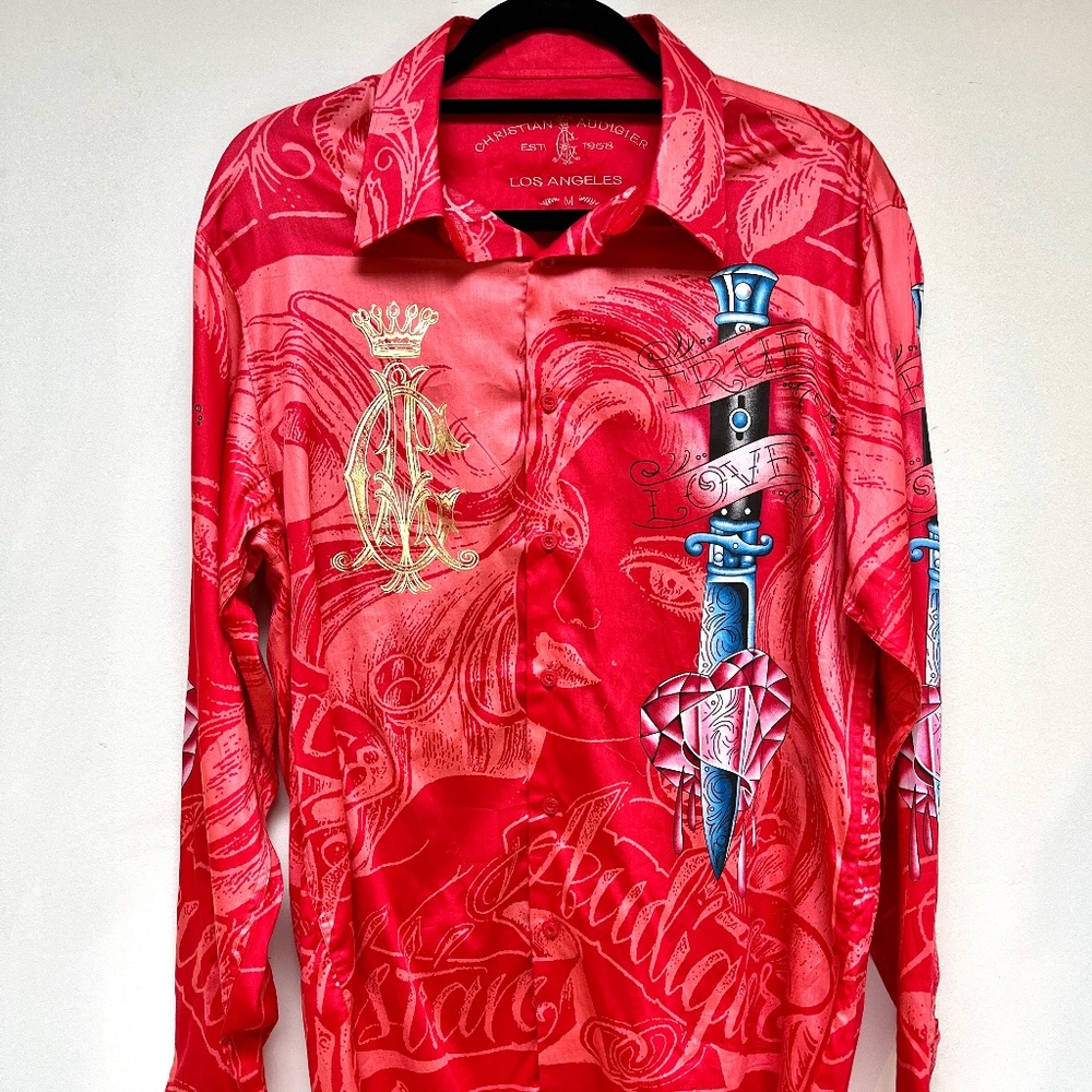 Christian Audigier Men's  Button up Shirt  Size M - red sword, crown, tattoo
